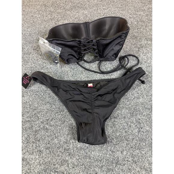 Rare Victoria Secret Bikini Set Black Lace Up Top & cheeky Bottoms Swimwear M - Picture 6 of 8